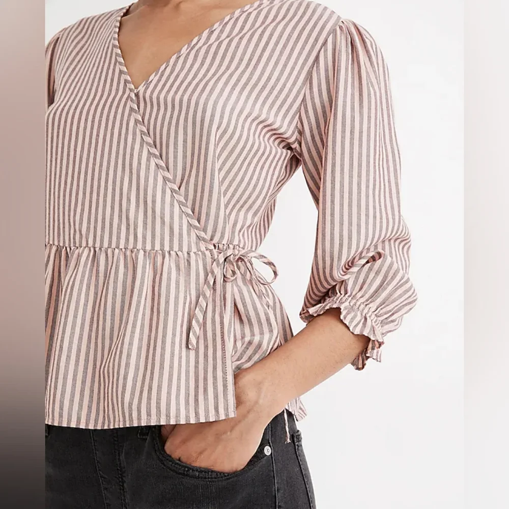 Madewell Puff-Sleeve Peplum Wrap Top in Stripe‎ in Sweet Tulip